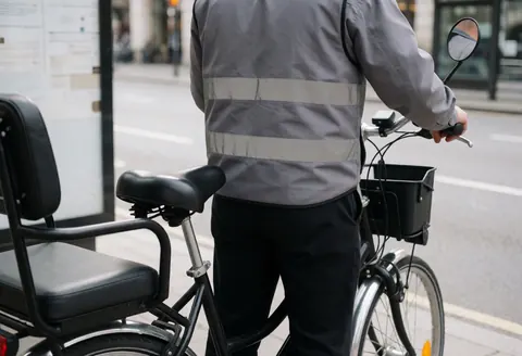 Bicycle taxi driver in reflective vest standing with passenger bike at urban bus stop