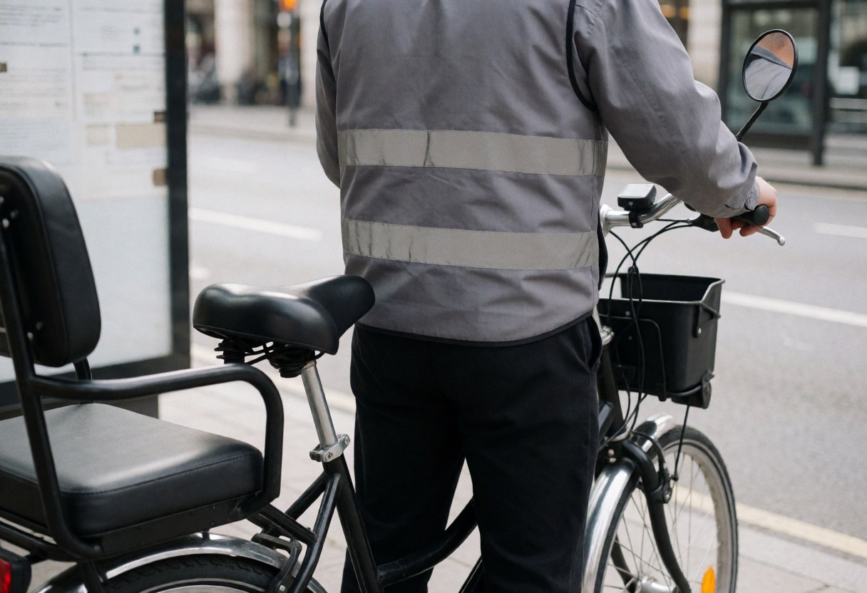 Bicycle taxi driver in reflective vest standing with passenger bike at urban bus stop
