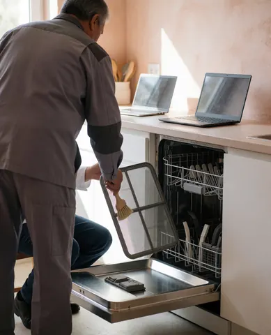 Technician cleaning a shower filter with a brush in a bright, clean kitchen setting for appliance repair service