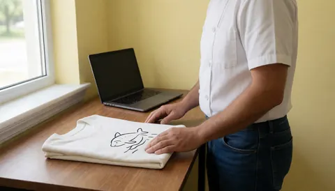 A man works with a folded white t-shirt featuring an animal design near a window with natural light on a wooden table.