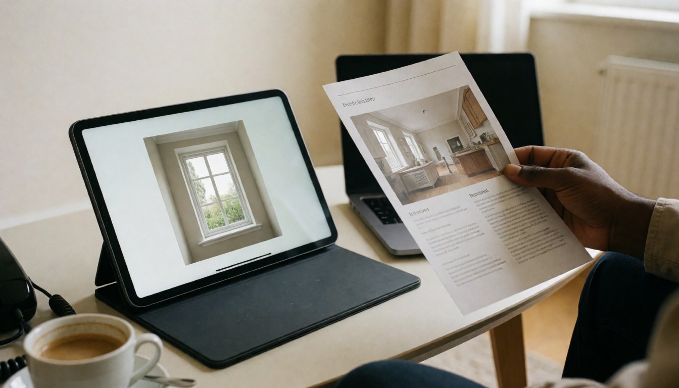 Close-up of a hand holding a window installation brochure next to a tablet displaying a 3D render, with a coffee cup on a desk in a professional office setting.