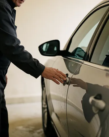 A customer inspects a clean car, with a hand touching the door, clean walls, and a visible reflection on the vehicle.