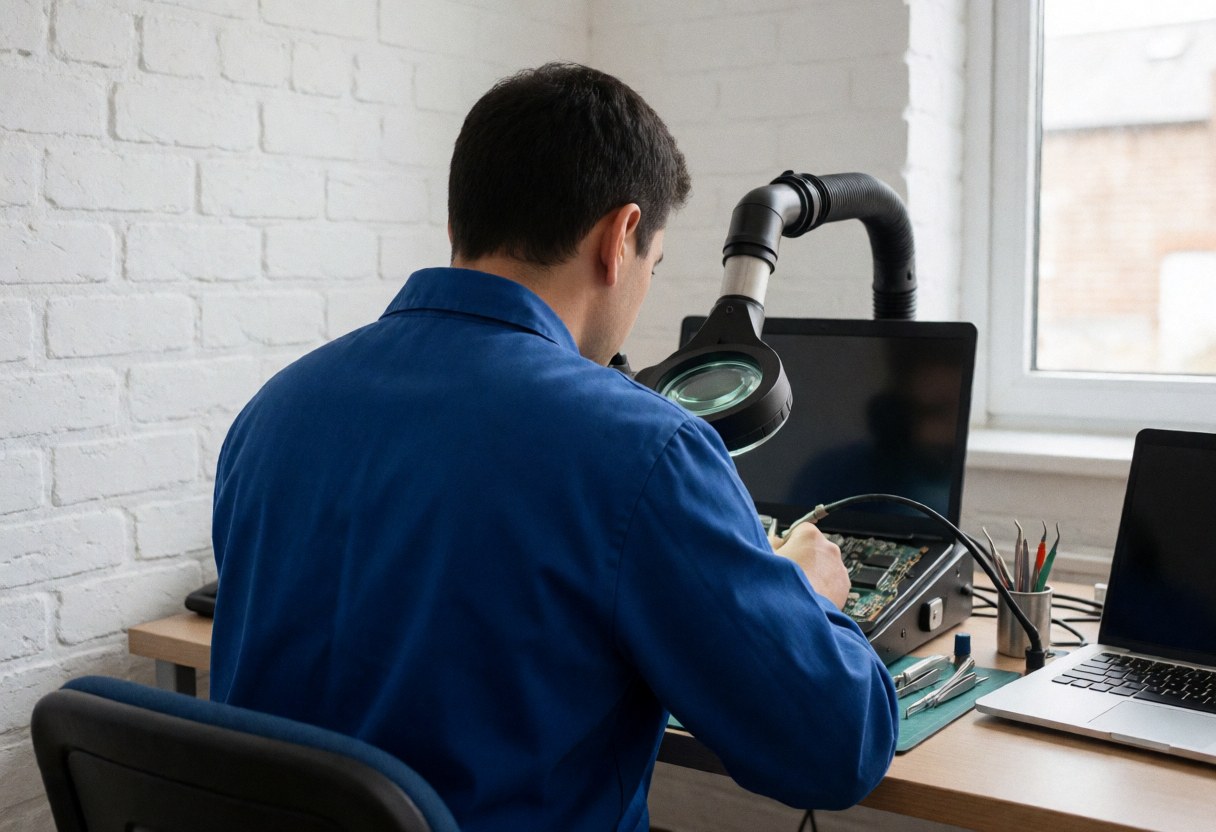 Technician repairing a computer motherboard using a magnifying glass and fume extractor in a workshop with a white brick wall.