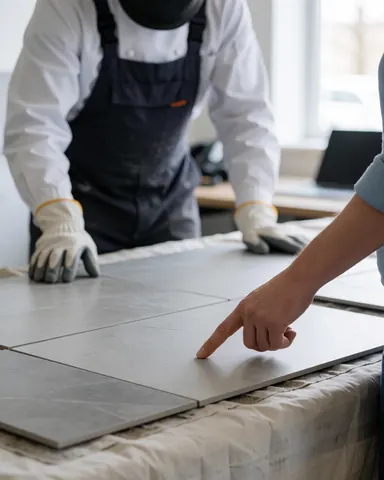 Customer pointing at a gray tile sample on a protective cloth with a gloved installer in the background