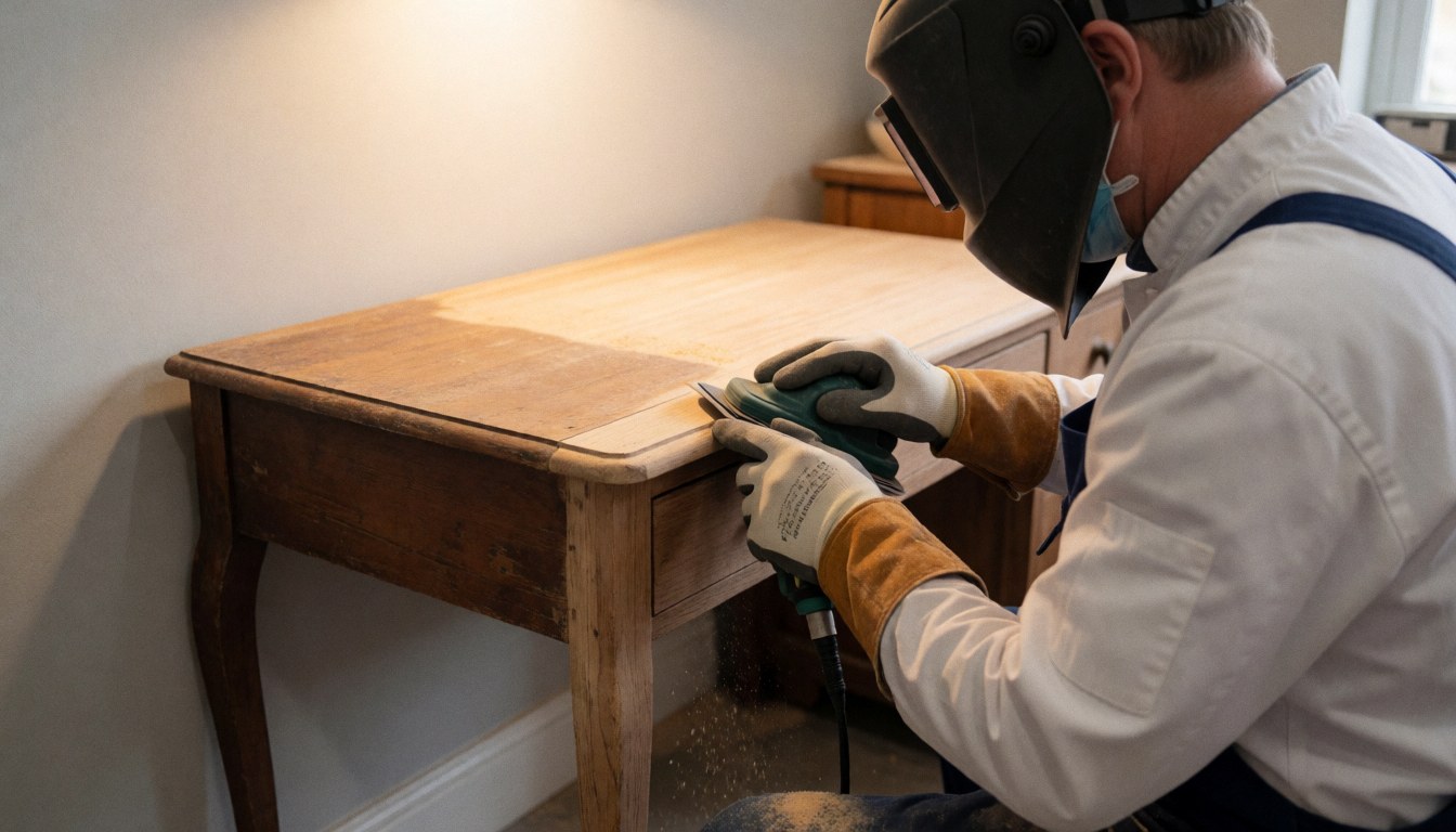 Carpenter wearing a mask and gloves sanding the edge of an antique wooden table in a well-lit workshop with wood shavings falling.