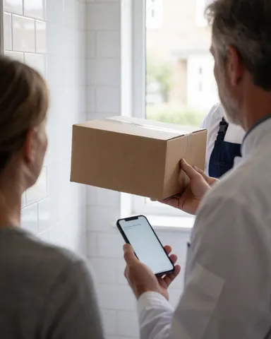 A professional delivery person hands a package to a client holding a smartphone, set against a white tiled wall background.