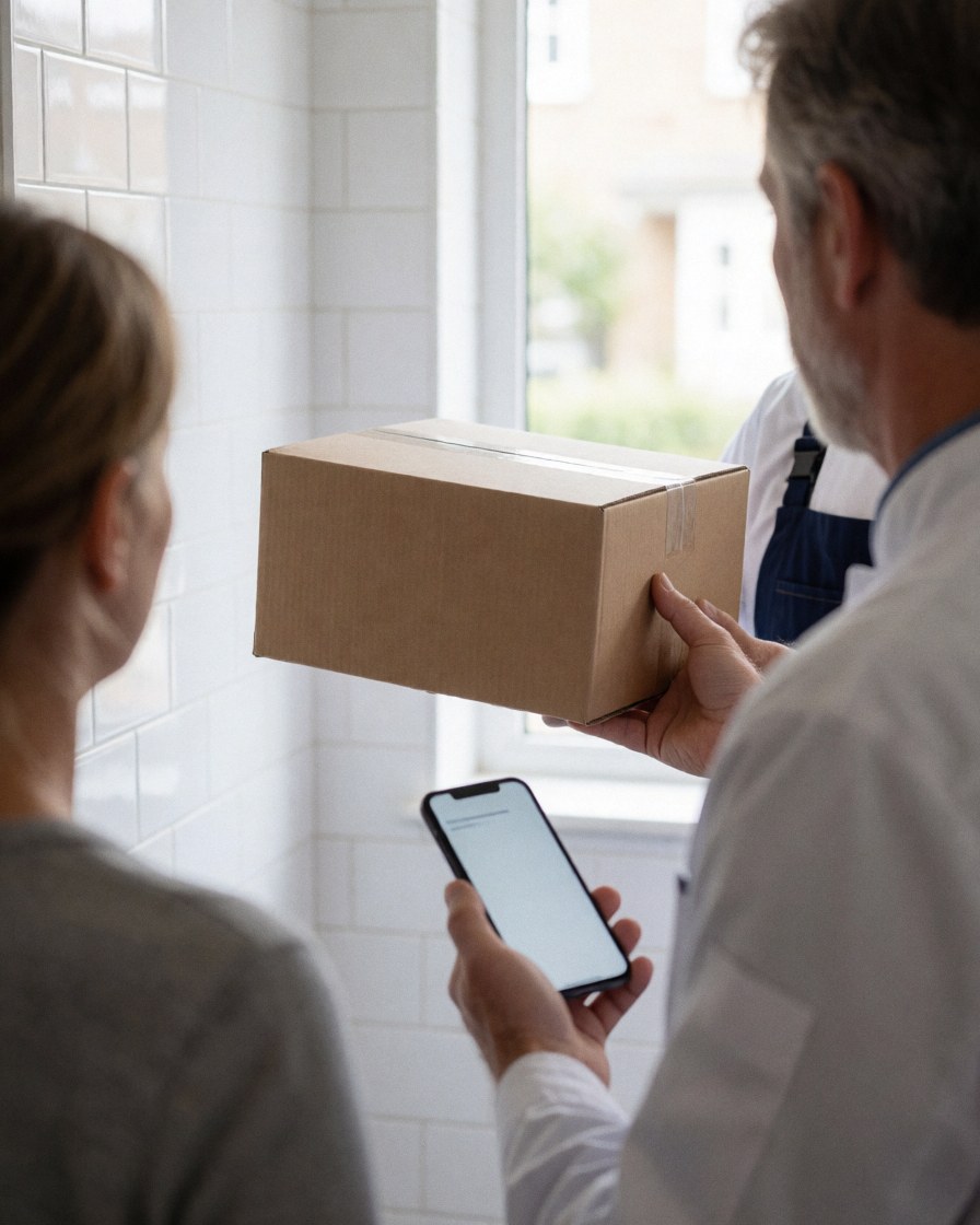 A professional delivery person hands a package to a client holding a smartphone, set against a white tiled wall background.