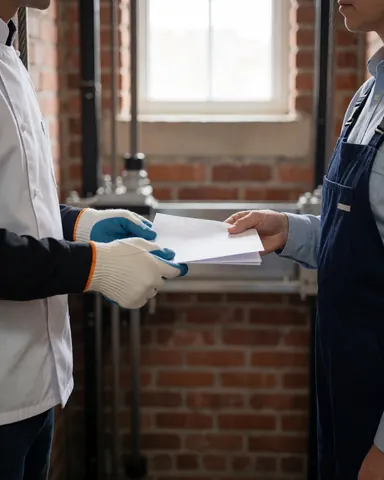 Elevator repair technician hands paperwork to a customer in an elevator maintenance area with brick walls and visible cables