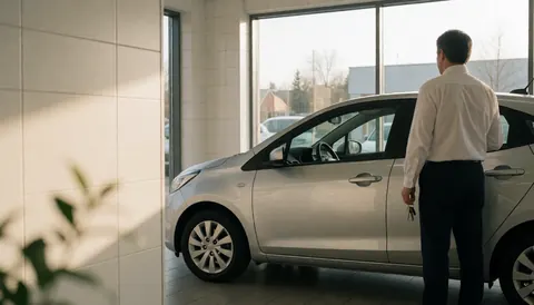 Salesperson holding car keys beside a silver compact vehicle in a showroom with white tiled walls and natural light