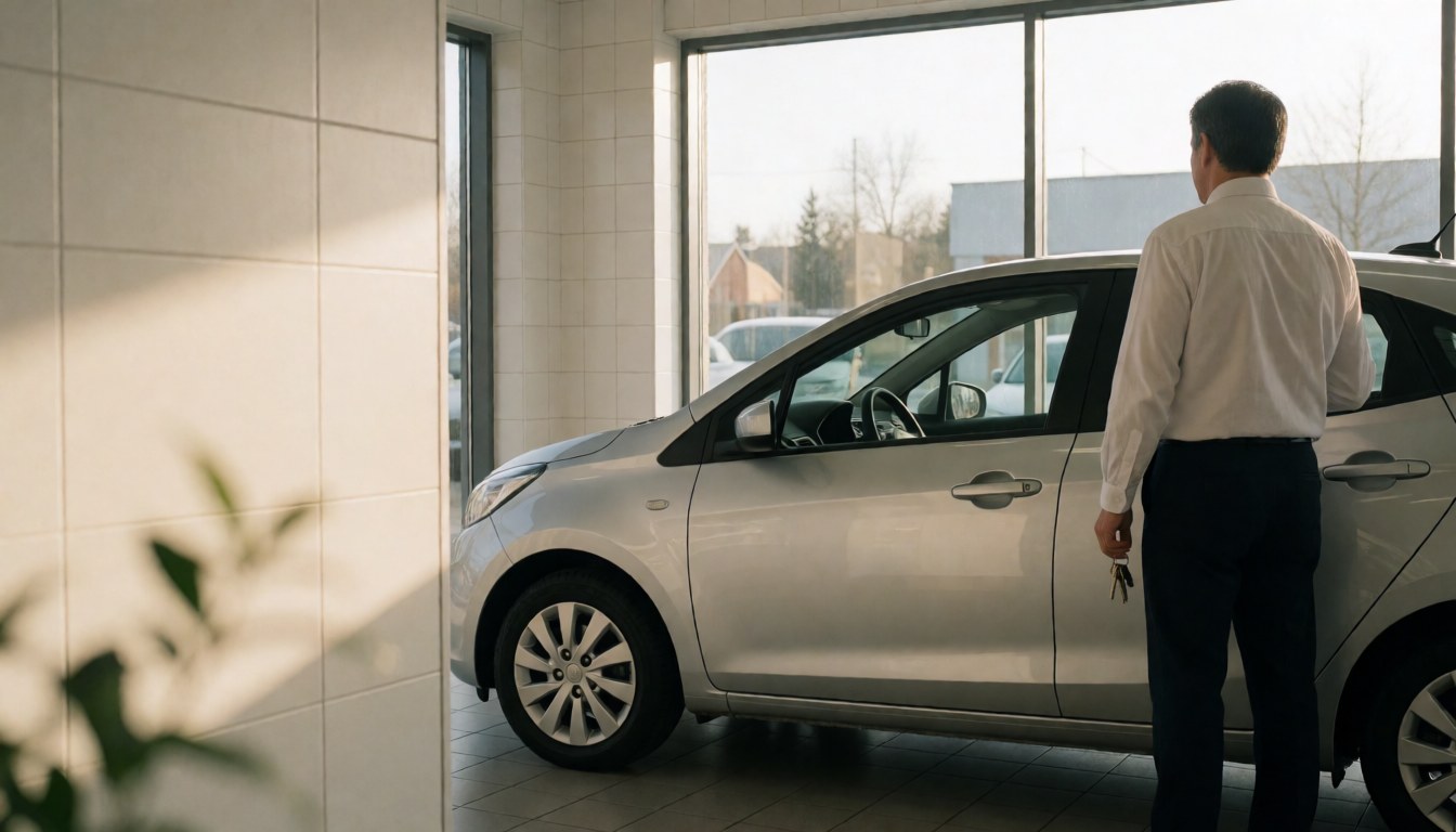 Salesperson holding car keys beside a silver compact vehicle in a showroom with white tiled walls and natural light