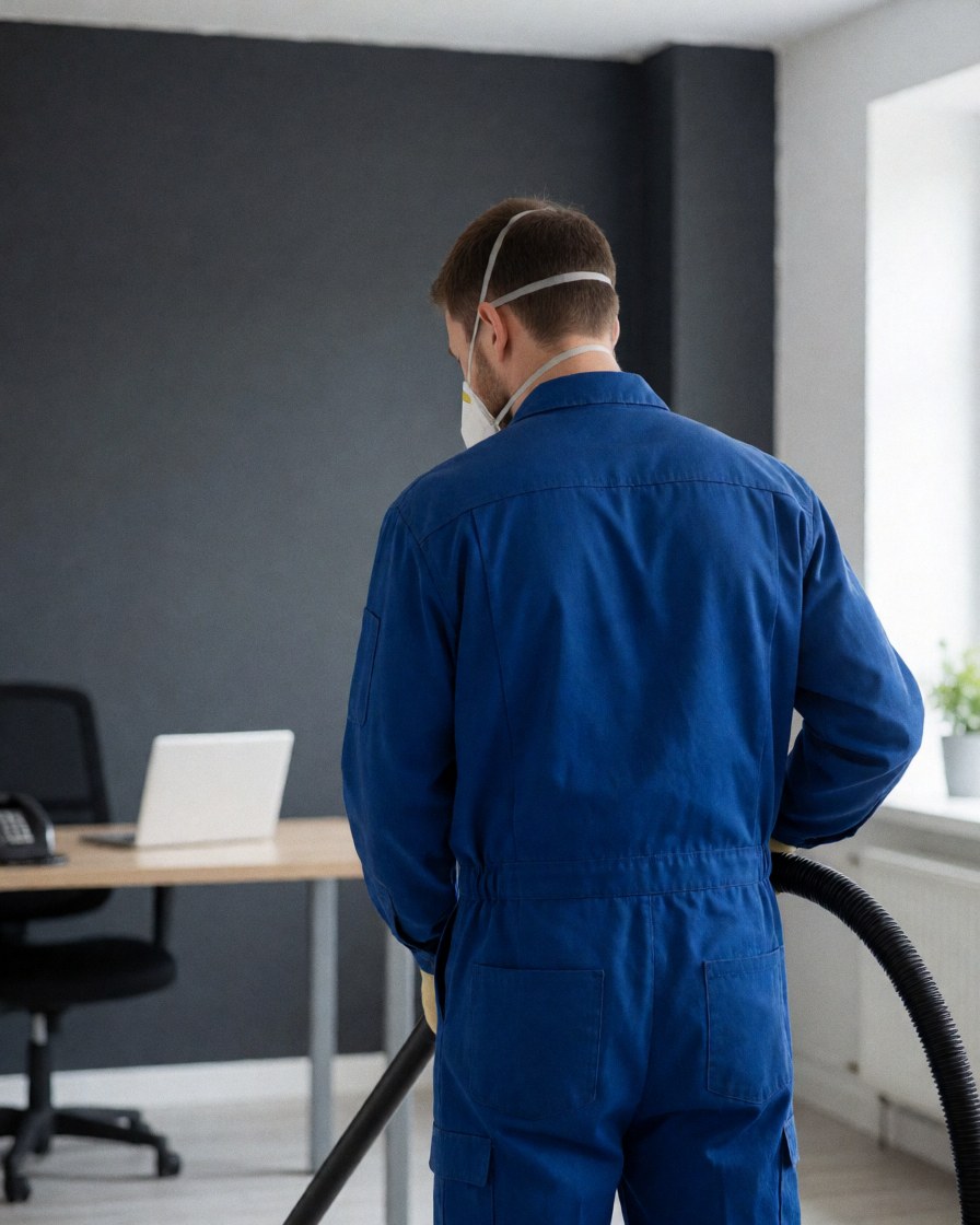 Worker in blue uniform and mask using a vacuum cleaner to clean the floor in an office with gray walls