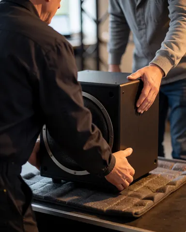 Technician and client position a black subwoofer on a protective mat on a stage with warm lighting.