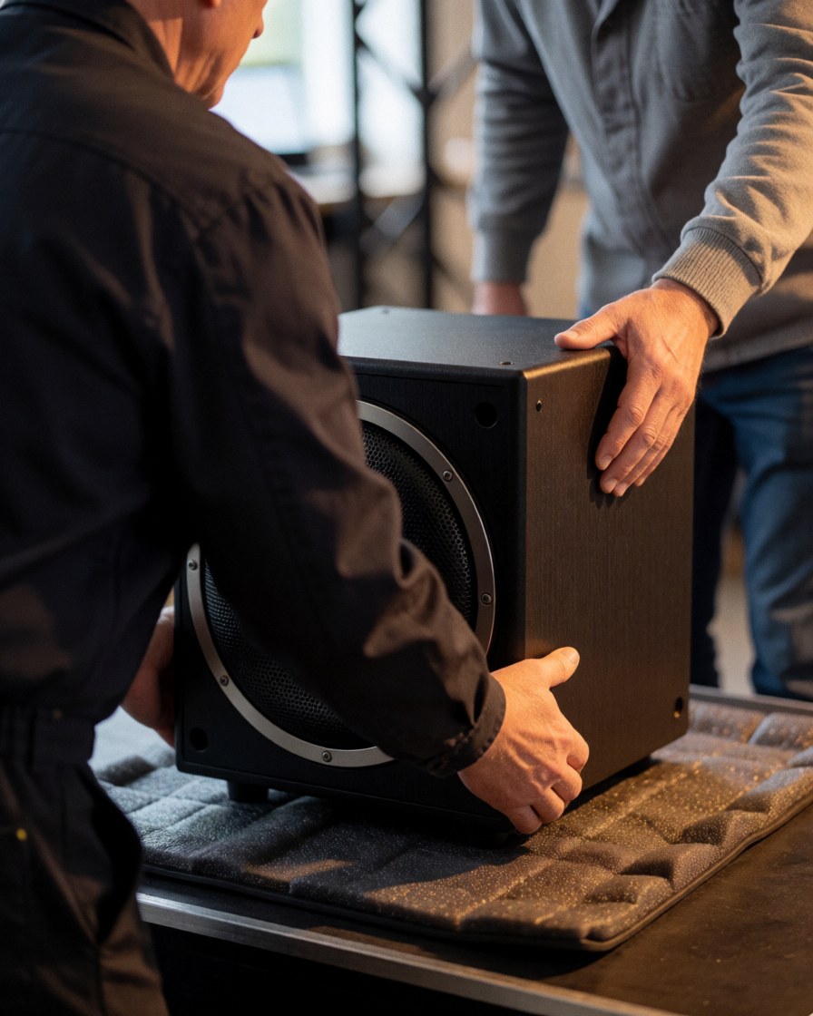 Technician and client position a black subwoofer on a protective mat on a stage with warm lighting.