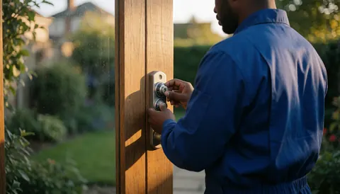 A technician in a blue uniform adjusts a wooden lock on a garden door under golden light with a blurred background.