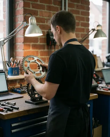 Mechanic compares motorcycle sprockets in a workshop with red brick wall and organized tools