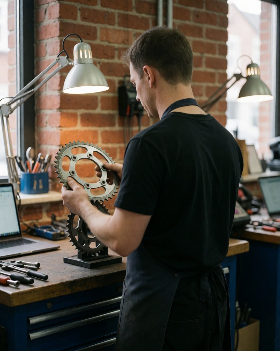 Mechanic compares motorcycle sprockets in a workshop with red brick wall and organized tools