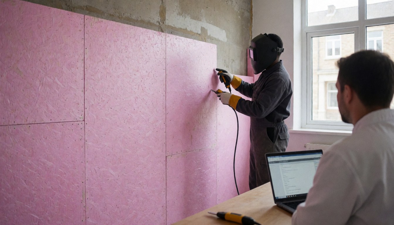 Worker wearing gloves and helmet installing pink thermal insulation panels on a construction wall with natural light from a window