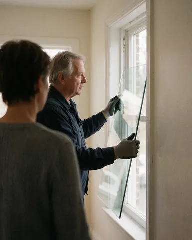 A window repair technician wearing gloves installs a new glass pane into a window frame while a customer watches from a hallway with white walls.