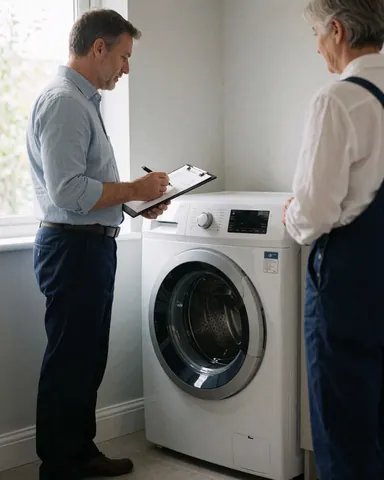 Technician checking a white washing machine with a customer in a laundry room with gray walls and natural light