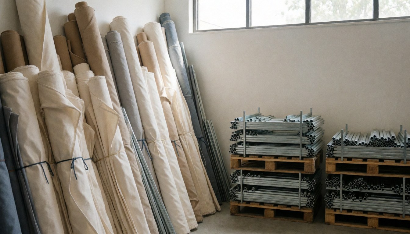 Rolls of awning fabric and pallets of metal tubes stored in a clean warehouse with white walls and natural light