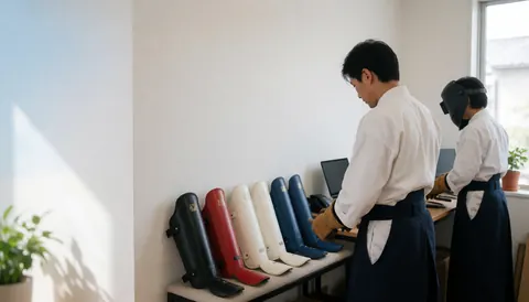 Karate instructor in a dojo wearing colorful shin guards with a computer and natural light in a tidy professional setting