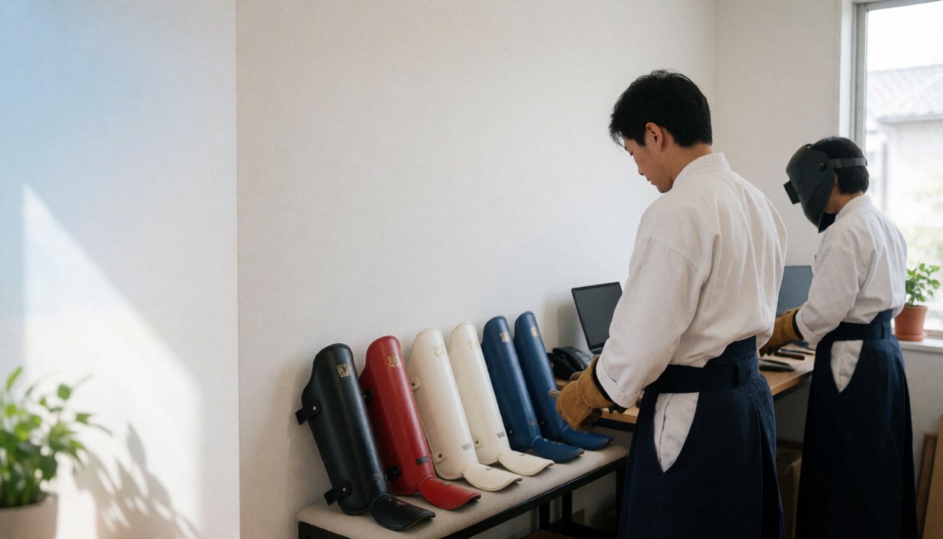 Karate instructor in a dojo wearing colorful shin guards with a computer and natural light in a tidy professional setting
