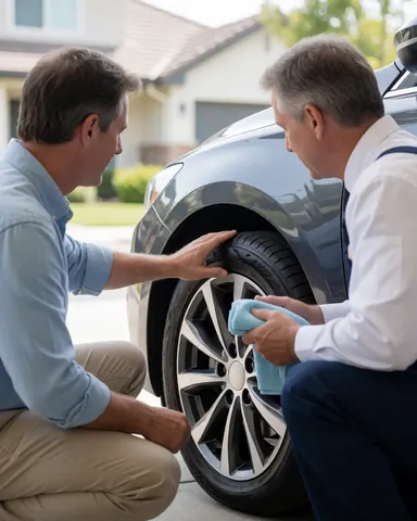 Customer and technician inspect a clean car wheel during a residential driveway car wash service.