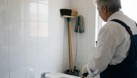 Professional cleaner holding cleaning tools in a bathroom with bright tiles and natural light