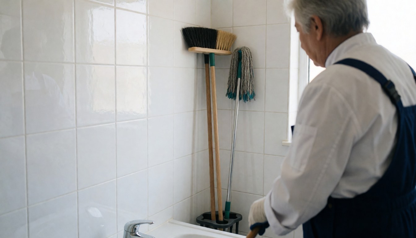Professional cleaner holding cleaning tools in a bathroom with bright tiles and natural light