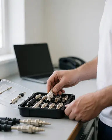 Close-up of a technician's hand selecting an antenna adapter from a toolbox in a well-lit workshop with white walls