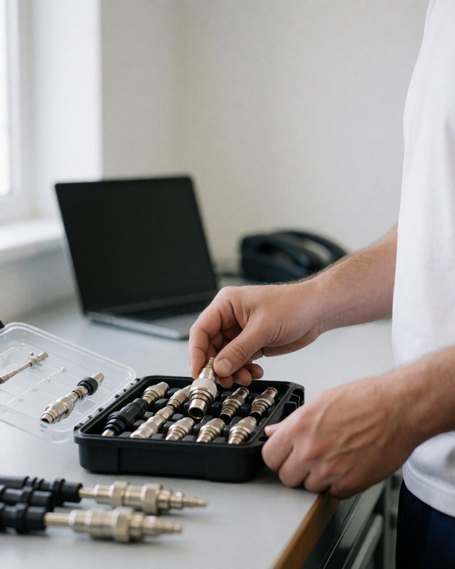 Close-up of a technician's hand selecting an antenna adapter from a toolbox in a well-lit workshop with white walls