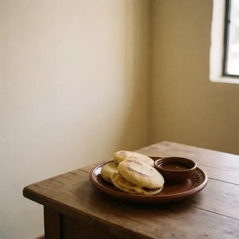 Cheese-filled arepas served with hogao sauce on a rustic clay plate placed on a wooden table in a rural setting.