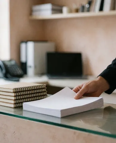 A customer's hand placing a stack of A4 paper on a glass desk in a stationery store surrounded by notebooks and terracotta walls
