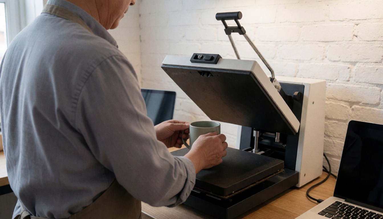 A worker places a mug into a thermal printing machine in a workshop with a white brick wall, showcasing textile customization services.