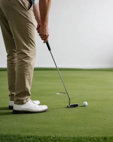 A golfer adjusts his posture with a putter on the green before hitting the ball, capturing a moment of focus and precision in golf.