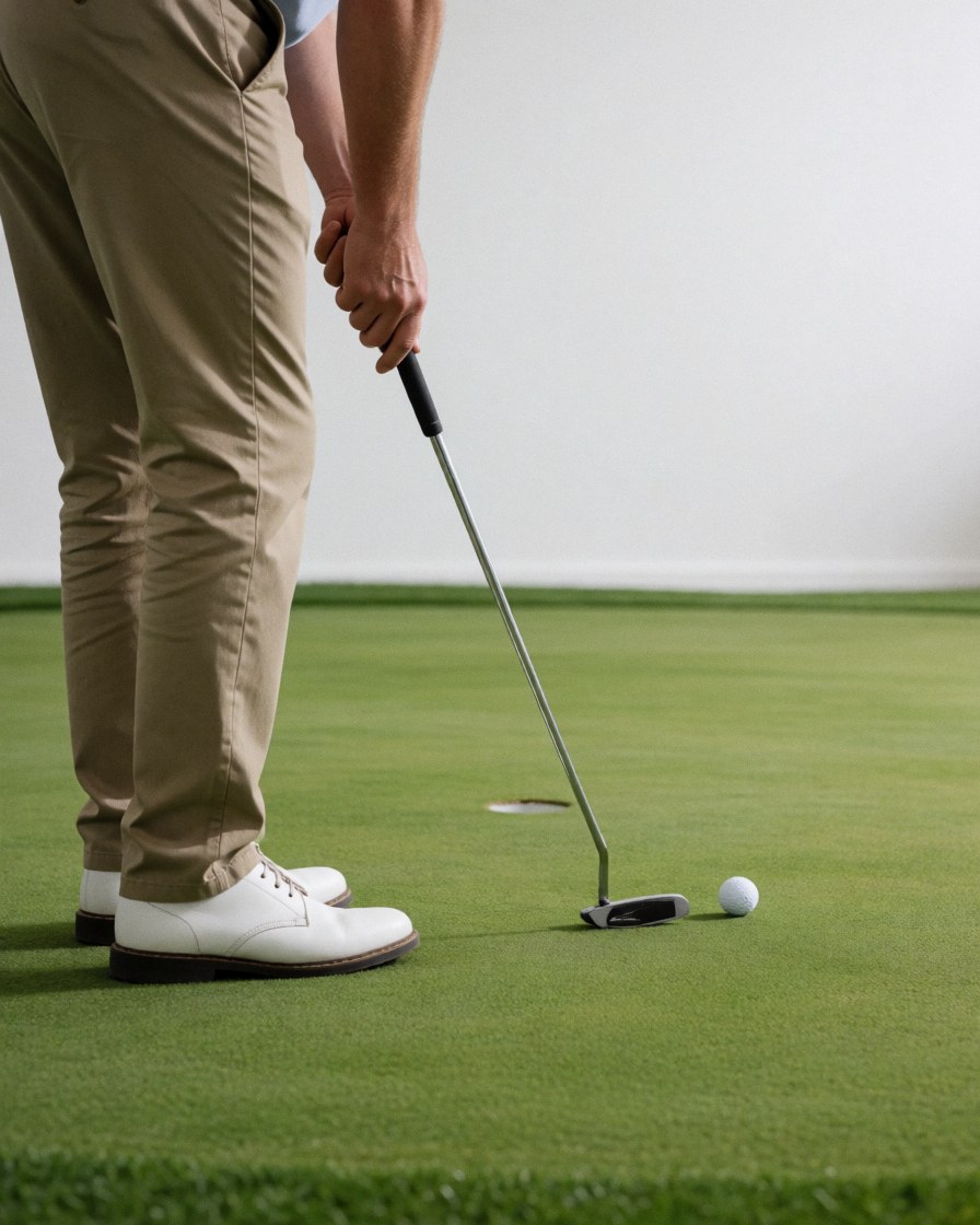 A golfer adjusts his posture with a putter on the green before hitting the ball, capturing a moment of focus and precision in golf.