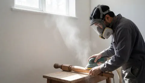 A man wearing a mask sands wood using a machine with a dust extraction hose near a window with sunlight.