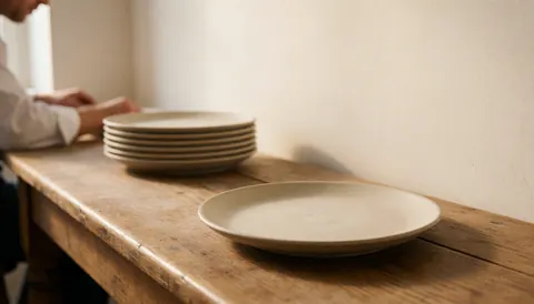 A ceramic plate sits on a wooden table in a pottery workshop with a person working in the background against a light wall with warm natural lighting.