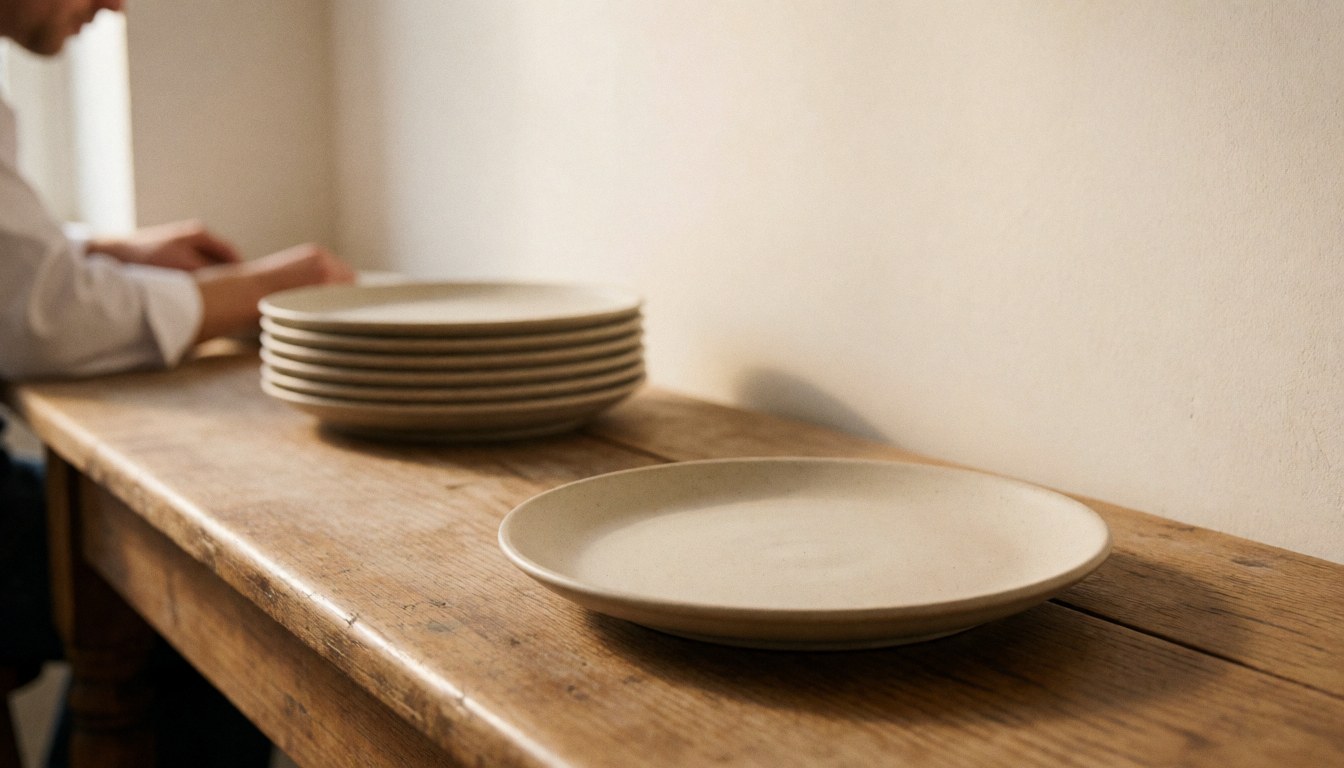 A ceramic plate sits on a wooden table in a pottery workshop with a person working in the background against a light wall with warm natural lighting.