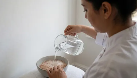 A manicurist prepares a foot bath by pouring water into a bowl containing salts in a bright salon with white walls and natural light.