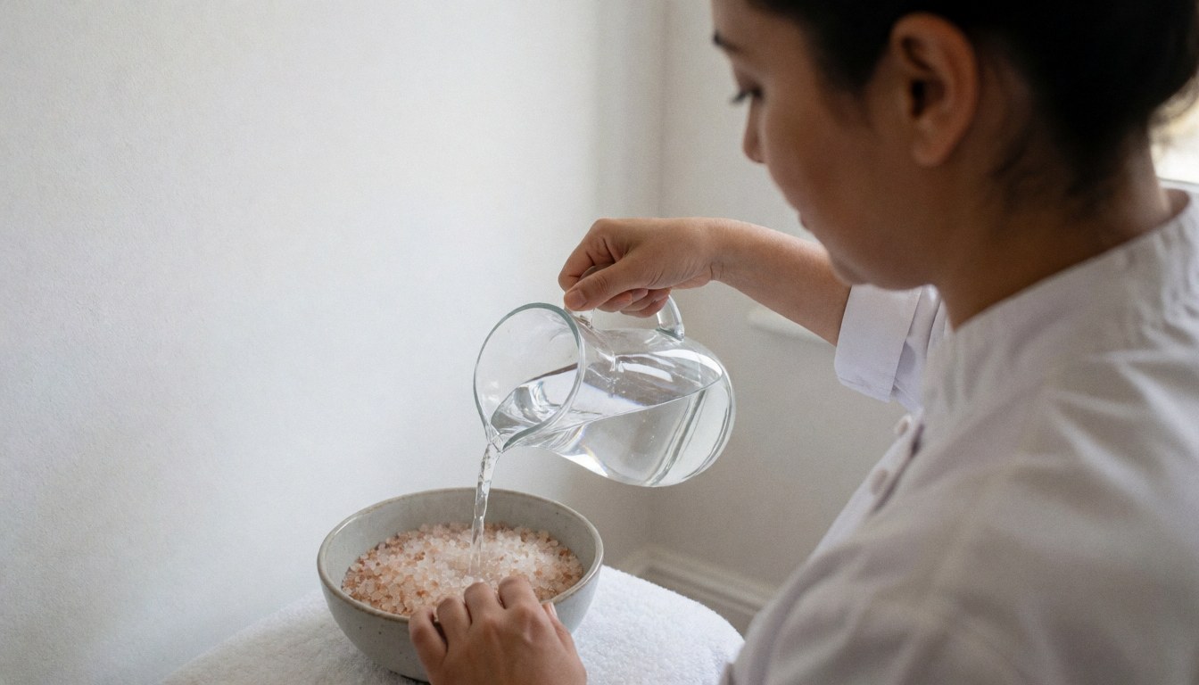A manicurist prepares a foot bath by pouring water into a bowl containing salts in a bright salon with white walls and natural light.