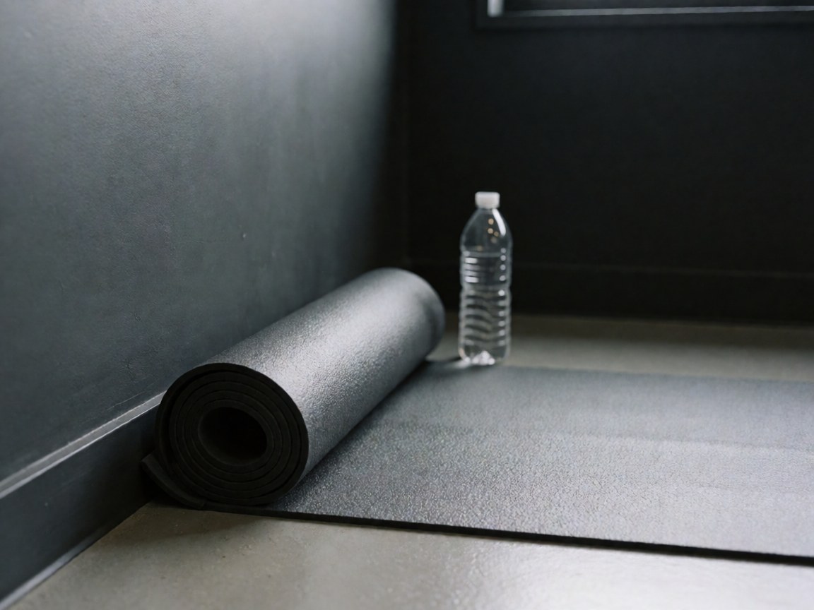 Rolled yoga mat next to water bottle in dance studio with charcoal gray walls, class tools detail