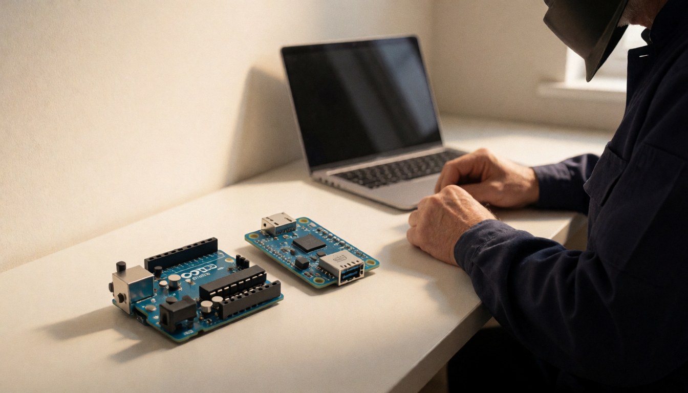 Close-up view of Arduino and ESP32 microcontroller boards arranged on a clean white surface, with a laptop visible in the background.