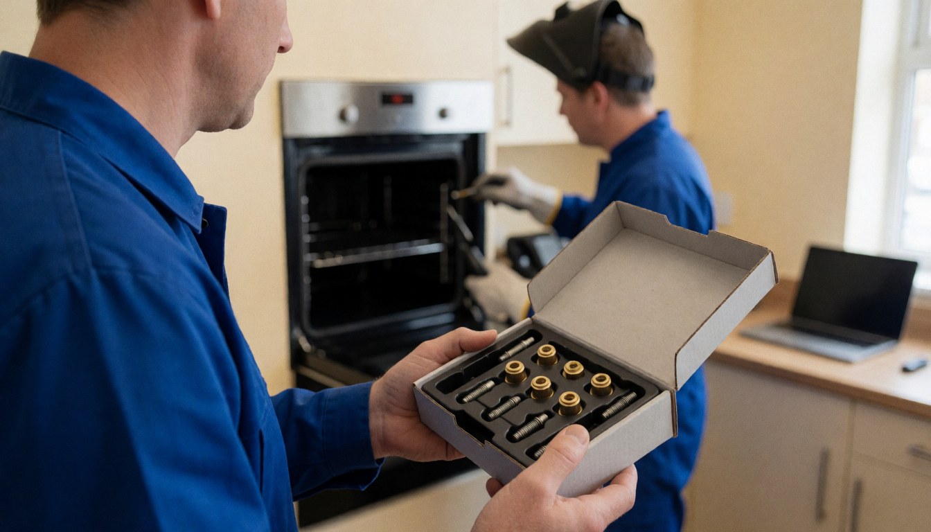 Technician in blue holding an oven repair kit while another technician works on a gas oven in a modern kitchen with beige walls.