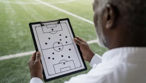 Soccer coach analyzing strategy with a tactical board on the field, viewed from behind