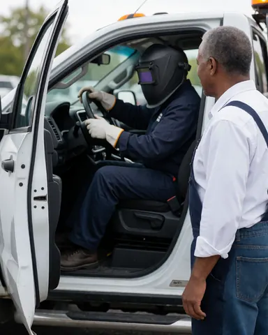 A client observes a tow truck operator working on a vehicle in a parking lot during the day.