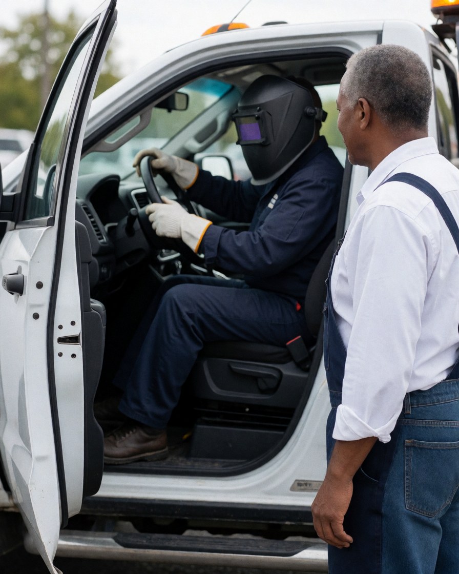 A client observes a tow truck operator working on a vehicle in a parking lot during the day.