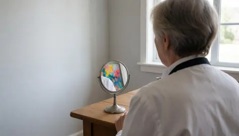 Senior artist holding a hand mirror reflecting a colorful painting against gray walls with natural light, suitable for a painting course cover