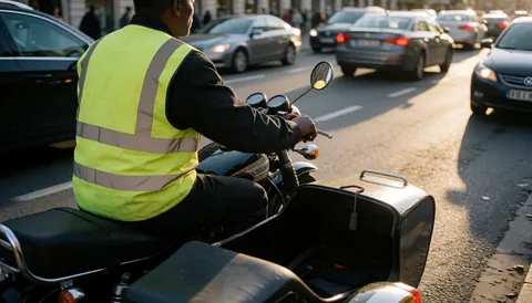 Motorcycle taxi driver in a sidecar waiting in urban traffic with sunset lights and a reflective vest