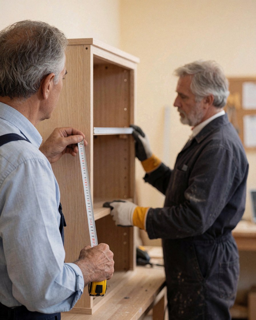 Two carpenters measure a wooden furniture piece in a workshop with tools and a beige wall in the background.
